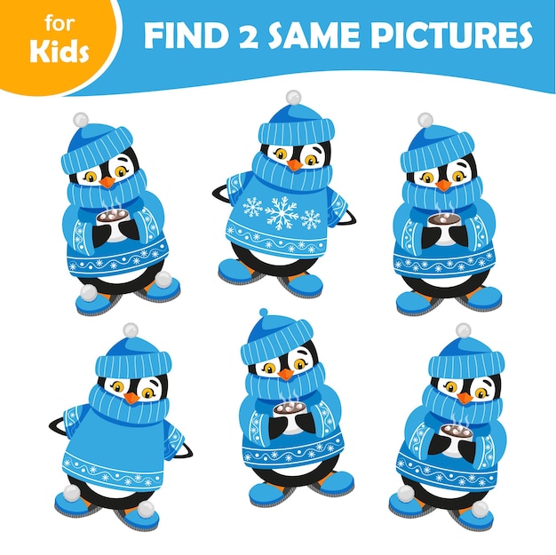 Minispiel für Kinder, finde 2 gleiche Pinguine aus der Winterserie