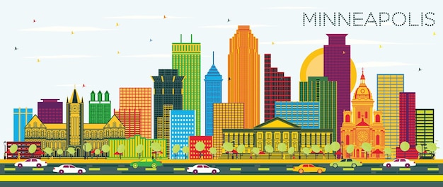 Minneapolis minnesota usa skyline der stadt mit farbgebäuden und blauem himmel. vektor-illustration. geschäftsreise- und tourismuskonzept mit moderner architektur. minneapolis-stadtbild mit sehenswürdigkeiten.