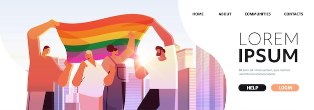 Mischen sie rennen menschen mit lgbt-regenbogenflagge zu fuß auf der stadtstraße homosexuell lesben liebe parade stolz festival transgender liebe konzept stadtbild hintergrund porträt kopie raum vektor illustration