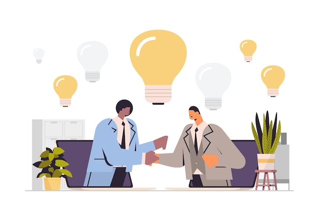 Mischrennen Geschäftsleute Brainstorming und Händeschütteln während der Besprechung Teamarbeit Vereinbarung kreative Idee erfolgreiches Projektkonzept horizontale Porträtvektorillustration