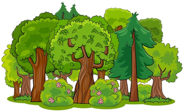 Mischwald mit Baumkarikaturillustration