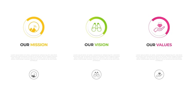 Vektor mission vision werte infografik banner vorlage kreatives konzept firmenziel infografik design mit modernem flachen icon design vektor