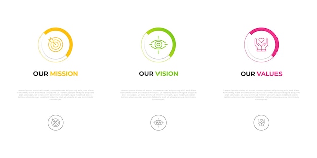 Vektor mission vision werte infografik banner vorlage kreatives konzept firmenziel infografik design mit modernem flachen icon design vektor