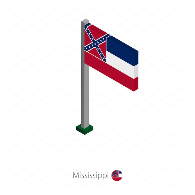 Mississippi US-Staatsflagge am Fahnenmast in isometrischer Dimension Isometrischer blauer Hintergrund Vektorillustration