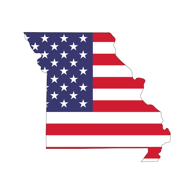 Missouri-Staatskarte mit amerikanischer Nationalflagge auf weißem Hintergrund