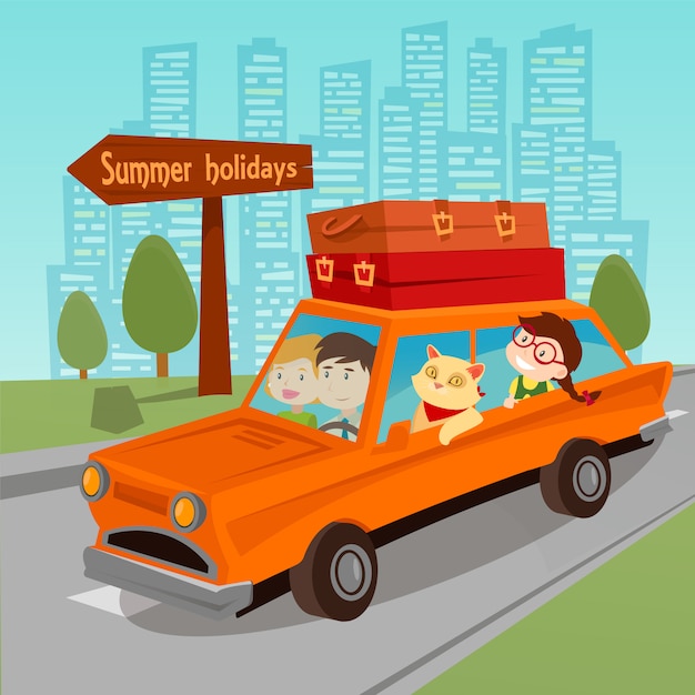 Mit dem auto reisen. familien-sommerferien. familie im auto. vektor-illustration