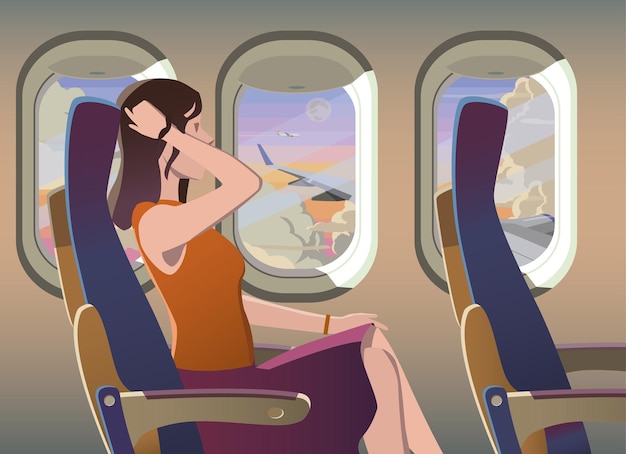 Mit dem Flugzeug reisend, fliegt ein Mädchen im Urlaub mit dem Flugzeug.