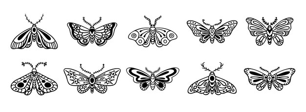 Mit der Hand gezeichnete Ikonensatz mit Motten-Doodle, Umrisse-Zeichnung, Mottenlinie, Clipart-Symbolensammlung