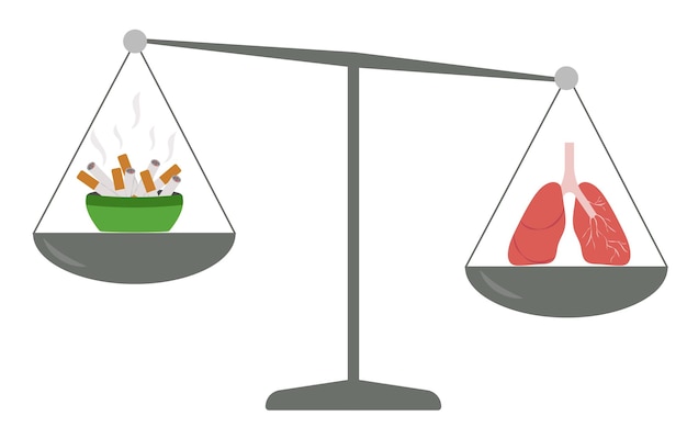 Mit gesunden lungen und zigaretten auf der waage balancieren. die wahl zwischen einem gesunden lebensstil und schlechten gewohnheiten. das konzept der wahl von gesundheit und schlechten gewohnheiten. vektorillustration.