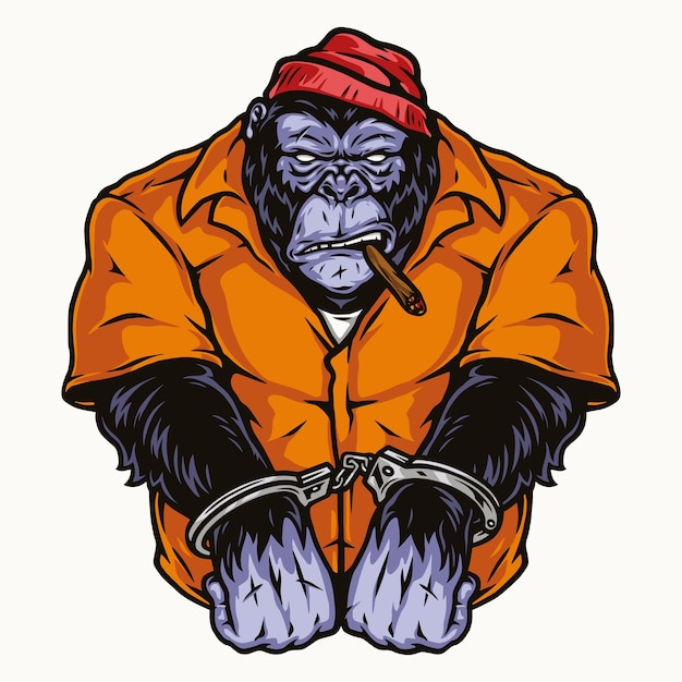 Vektor mit handschellen gefesselter gorilla in orangefarbener häftlingsuniform raucht zigarre im stil isoliert