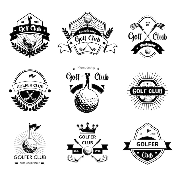 Vektor mitgliedschaft im golfclub, isolierte logos, embleme oder etiketten für die golfer-gemeinschaft, ikone von ball und golfausrüstung zum spielen, freizeit und reichhaltige hobbys für menschen, vektor im flachen stil