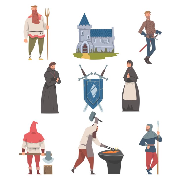 Mittelalter mit mittelalterlichen Menschen Charaktere Wappen und Festung Vektor-Illustrationssatz