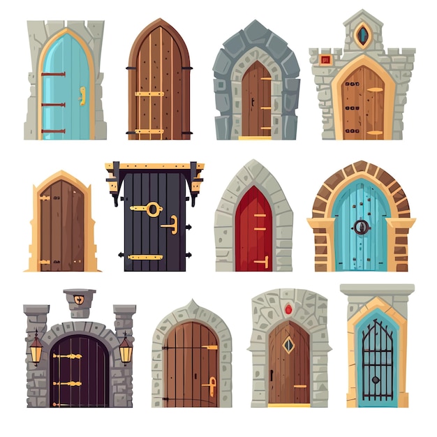 Mittelalterliche Burgtüren gesetzt Alte Vintage-Eingänge aus Holz Metall isoliert auf Hintergrund Vektor-Illustration
