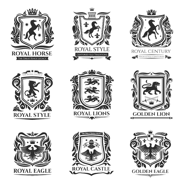 Vektor mittelalterliche pferde- und tierikonen der königlichen heraldik