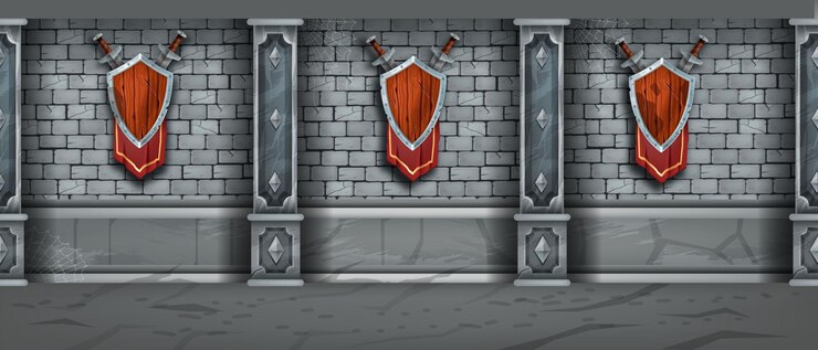 Vektor mittelalterliche steinmauer nahtlose textur ziegel burg dungeon hintergrund holzschild schwert flagge