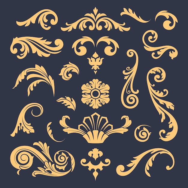 Mittelalterliche zierornamente, viktorianische grafikelemente, goldene muster auf dunklem hintergrund, vintage-vektorelemente