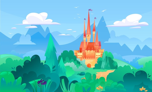 Mittelalterlicher Burgturm in der Natur rund um die grüne Landschaft. Außenansicht des Fairytail-Herrenhauses. Königsfestung Burg. Alte Turmfestung der alten Karikatur