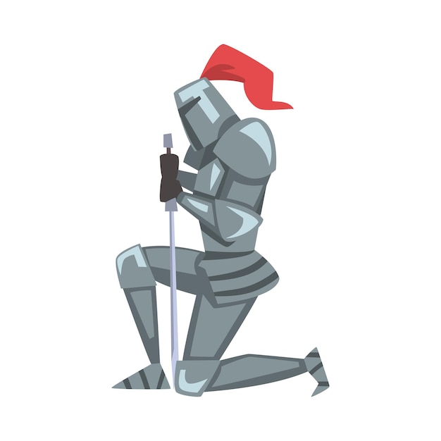 Mittelalterlicher knödelndes ritter-ritter-krieger-charakter in voller metall-körperrüstung mit schwert cartoon-stil vektor-illustration