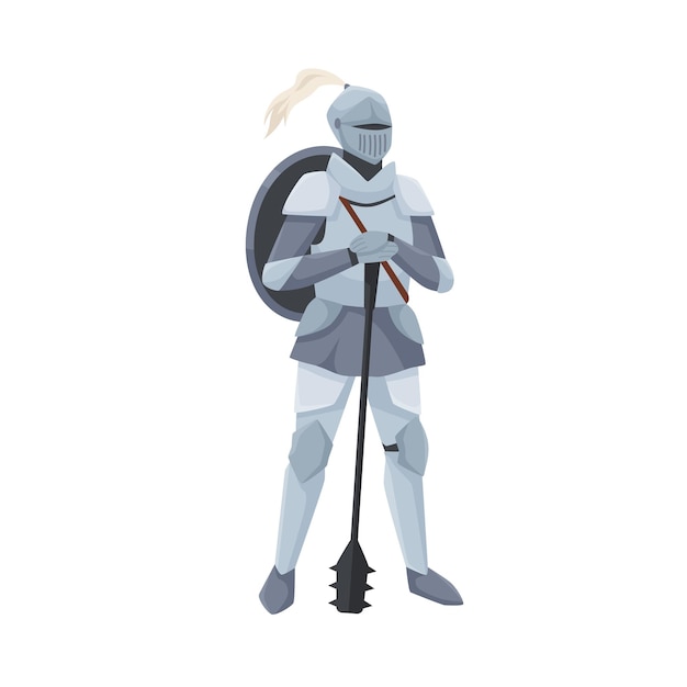 Mittelalterlicher Ritter, der in Helm und Rüstung steht und Schild auf dem Rücken hält und sich auf eine Keulenwaffe stützt. Krieger des Mittelalters isoliert auf weißem Hintergrund. Ritterliche Figur. Bunte flache Vektorillustration.