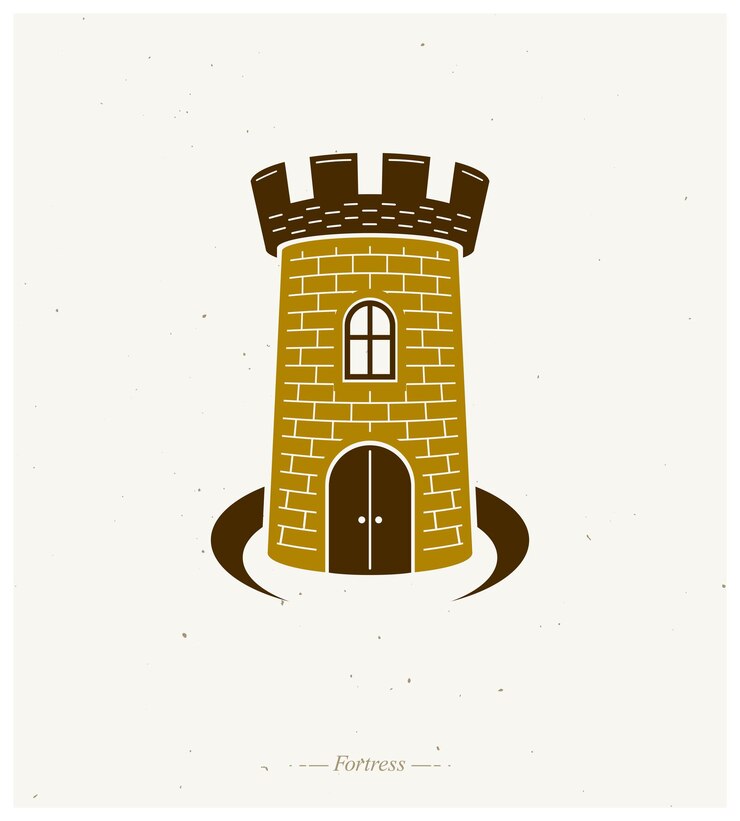 Vektor mittelalterlicher turm dekorative isolierte vektorillustration. retro fort-logo im alten stil isoliert auf weißem hintergrund.