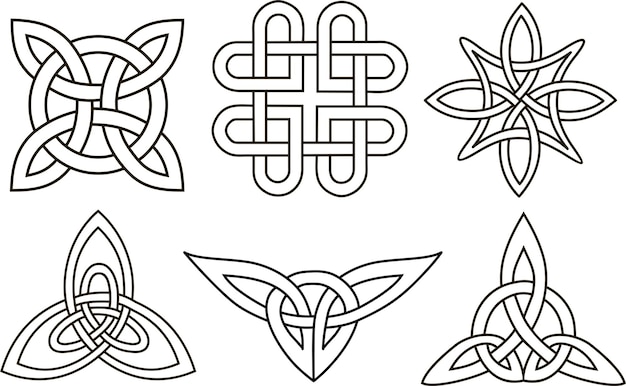 Vektor mittelalterliches keltisches knoten-tattoo-set. keltische, irische knotenverzierung. keltische symbole, endloses knotenform-vektorsymbol, unendliches symbol der geisteinheit, heidnische kreisstammessymbolgrafiken isoliert