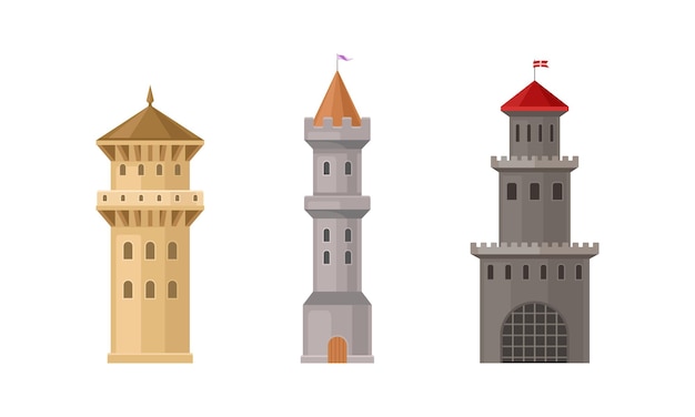 Mittelalterliches Schloss Hochturm oder Turm aus Stein Vektor-Set