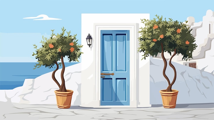 Vektor mittelmeer-olivenbaum im topf bei white doors auf der insel santorini