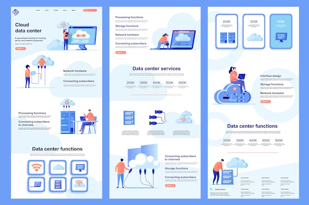 Mittlerer inhalt und fußzeile der flachen website-vorlage für das cloud-rechenzentrum