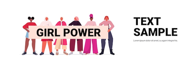 Mix race girls aktivisten halten poster weibliche empowerment bewegung frauen power-konzept in voller länge horizontale kopie raum vektor-illustration