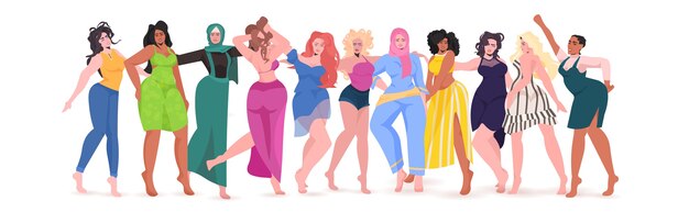 Mix Race Girls stehen zusammen weibliche Empowerment Bewegung Union der Feministinnen Frauentag Konzept horizontale Vektor-Illustration in voller Länge