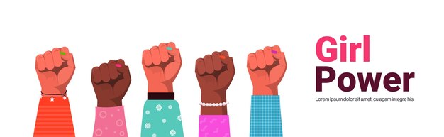 Vektor mix race hob frauenfäuste weibliche empowerment bewegung mädchen power union der feministinnen konzept kopie raum horizontale vektor-illustration