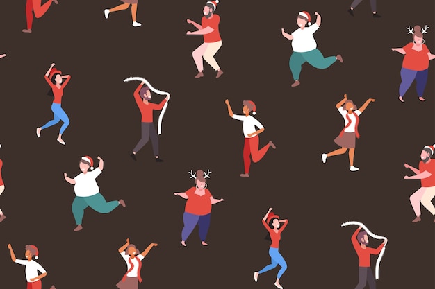 Mix race menschen tanzen mit spaß frohe weihnachten urlaub feier unternehmensparty konzept nahtlose muster vektor-illustration
