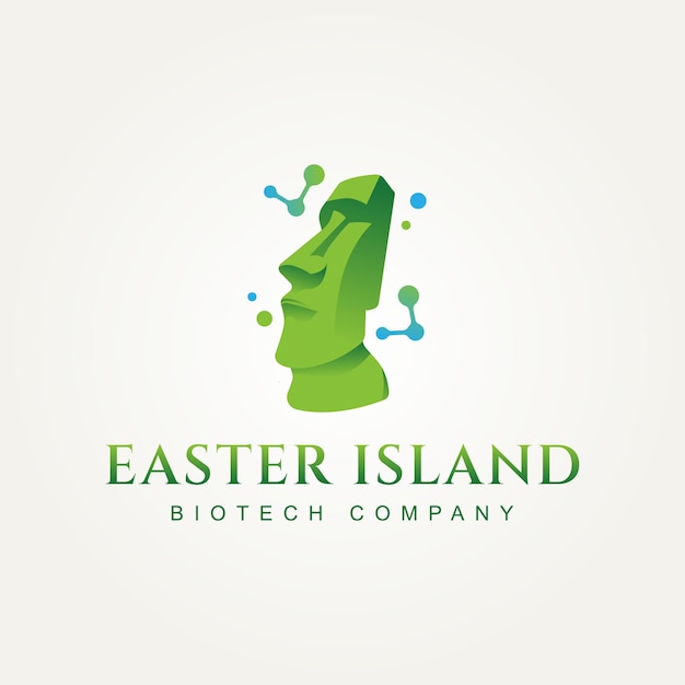 Moai-biotechnologie-unternehmenslogo moai-kopf mit molekül- und biotechnologie-konzeptsymbol-logo-vektorillustrationsdesign