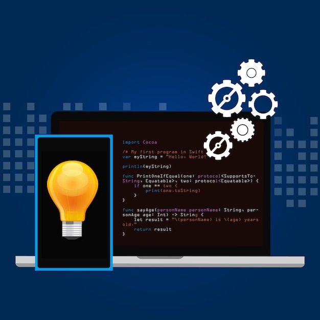 Mobilanwendung Programmiersprache Code Smartphone Kopf und Idee