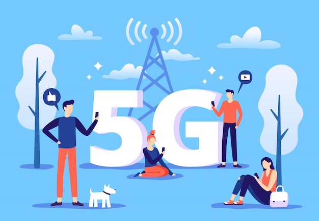 Mobile 5g-verbindung. menschen mit smartphones nutzen das hochgeschwindigkeitsinternet, das netzwerk der fünften generation und die darstellung der versorgungszone