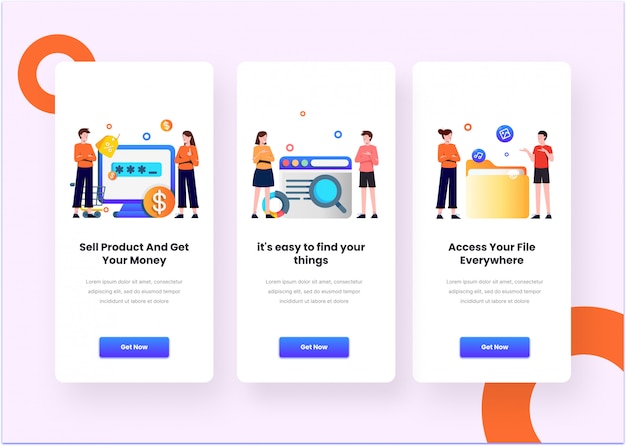 Mobile App Page Onboard Screen Illustration für Marketinganwendungen mit menschlichem Modell und flach bearbeitbarem Vektor