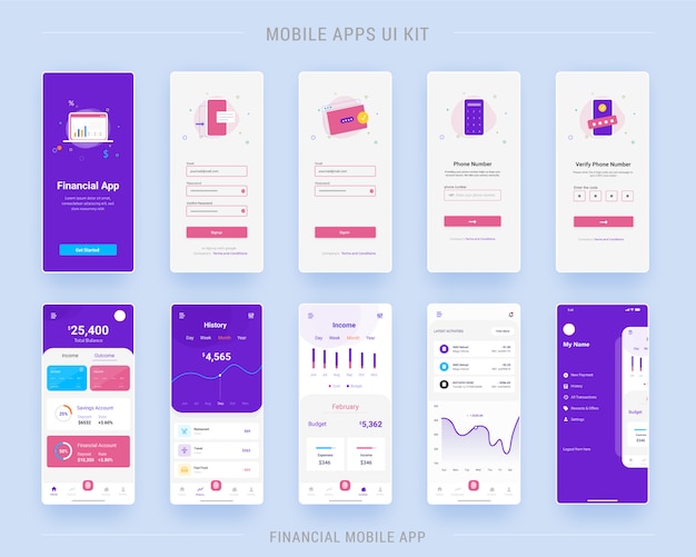 Vektor mobile app ui kit bildschirme der finanz-app