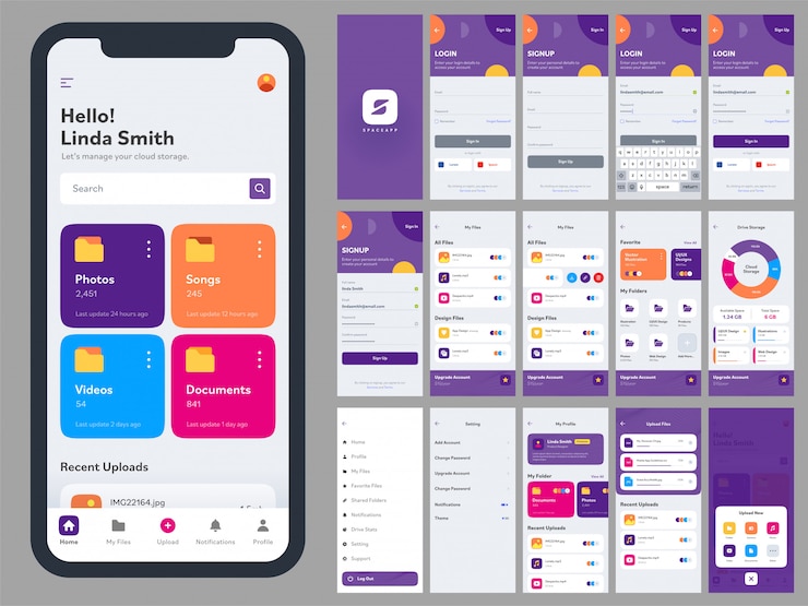Vektor mobile app ui kit mit unterschiedlichem gui-layout, einschließlich anmelden, konto erstellen, anmelden, social media und benachrichtigungsbildschirmen.