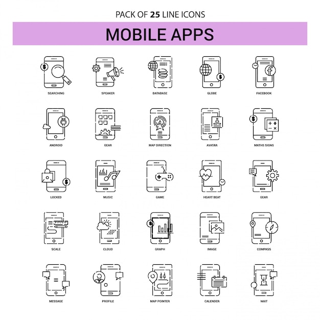 Mobile apps linie icon set - 25 gestrichelte umriss-stil