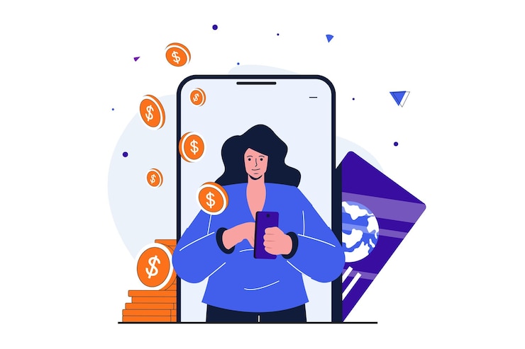 Vektor mobile banking modernes flaches konzept für web-banner-design frau verwendet mobile anwendung zum bezahlen