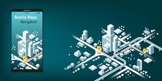 Vektor mobile karten navigations- und tracking-konzept isometrischer stadtplan app-design infografik
