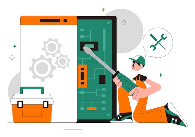 Mobile Repair Vector Illustration mit einem Telefon oder Smartphone elektronischen Dienst mit einem kaputten Bildschirm und Gerät Störung im Hintergrund
