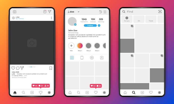 Vektor mobile schnittstelle des sozialen netzwerks auf realistischem telefon, benutzerprofil-fotorahmen.