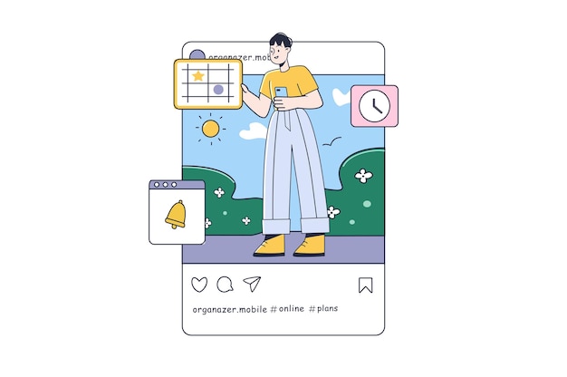 Mobiler organizer für instagram-posts mit menschenszene im flachen cartoon-design