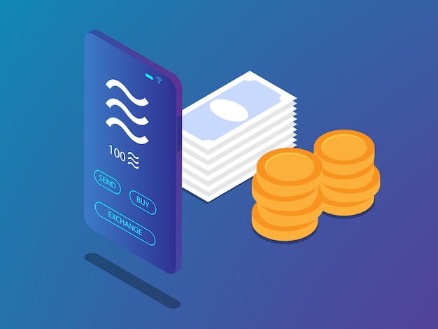 Mobiler smartphone mit waagemünze in der kryptowährungsanwendung und im geldstapel vector die isometrische illustration