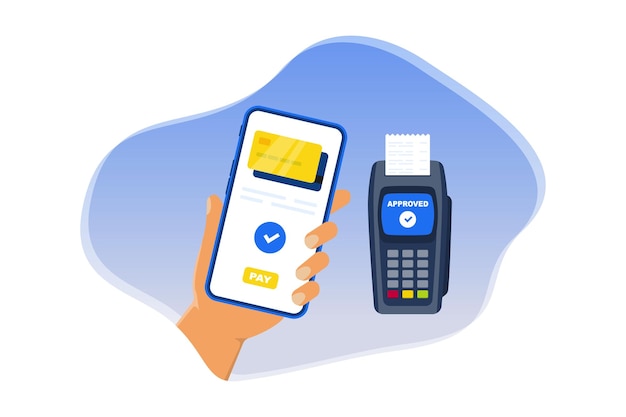 Vektor mobiles bezahlen, nfc-zahlungen, smartphone mit online-zahlung, kreditkarte auf dem bildschirm, telefon, kontaktloses zahlungskonzept, e-payment-pos-terminal mit kreditkarten-vektorillustration