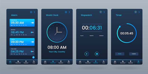 Vektor mobiles bildschirm-set für anwendungswecker stoppuhr premium