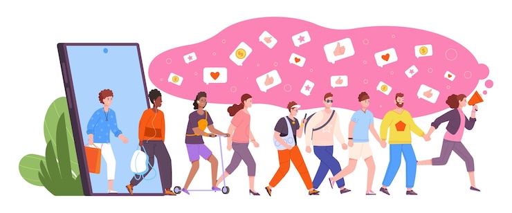 Vektor mobiles empfehlungsprogramm. menschen, die vom telefon aus gehen, empfehlen einen freund. das konzept empfiehlt loyalität, kundenmarketing, banner, online-affiliate, lädt freunde ein. vektorillustration der mobilen empfehlung per telefon