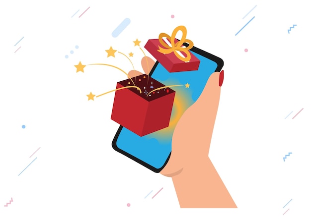 Mobiltelefon mit Geschenkbox darin Geschenke verteilen Kommunikationskonzept für soziale Netzwerke Vektorillustration für mobile Anwendung oder Website- und Bannerdesign