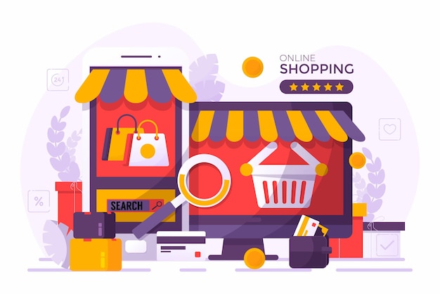 Mobiltelefon repräsentiert die Vorderseite des Shops. Online-Shopping auf der Website oder in der mobilen Anwendung Vektorkonzept Marketing und digitales Marketing langer Hintergrund
